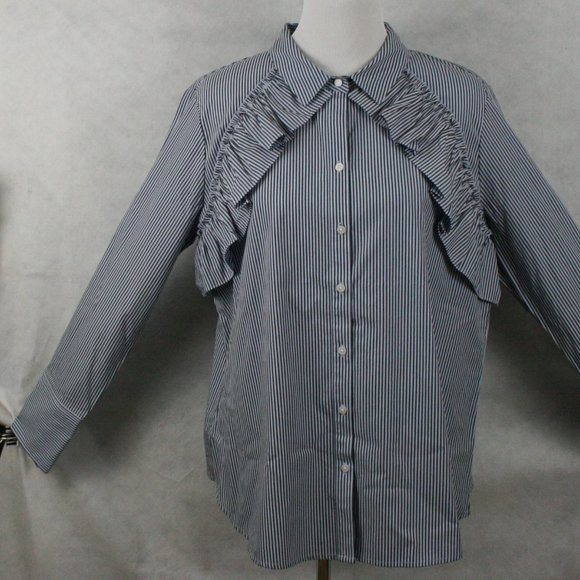 Kenneth Cole Tops - Kenneth Cole Ruffle Indigo Cotton Blouse SZ XL